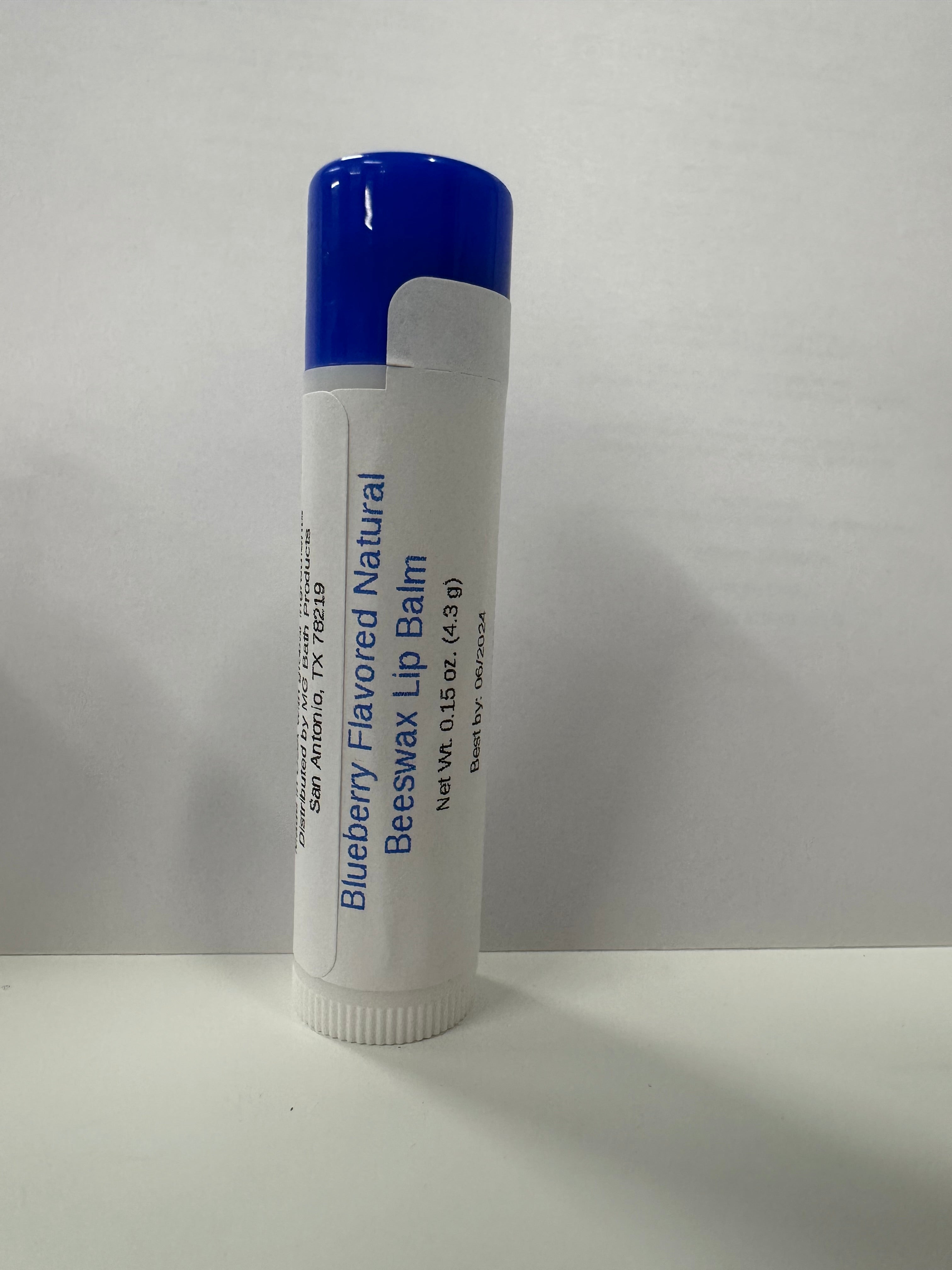 Lip balm in tube that has a blue colored cap on it.