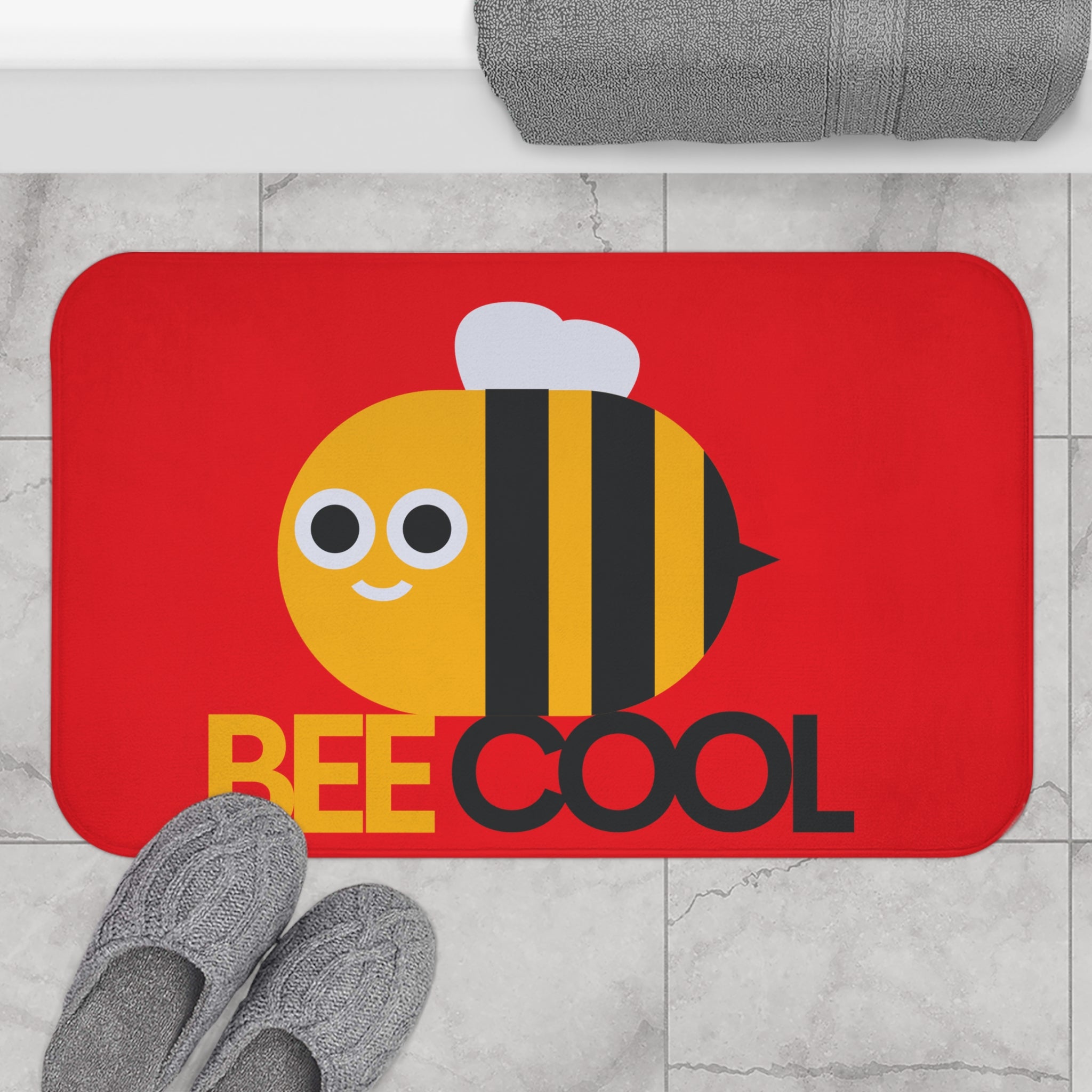 Bee Cool Bath Mat - MG Bath Products Bath mat with a large bee and a red background.Home Decor