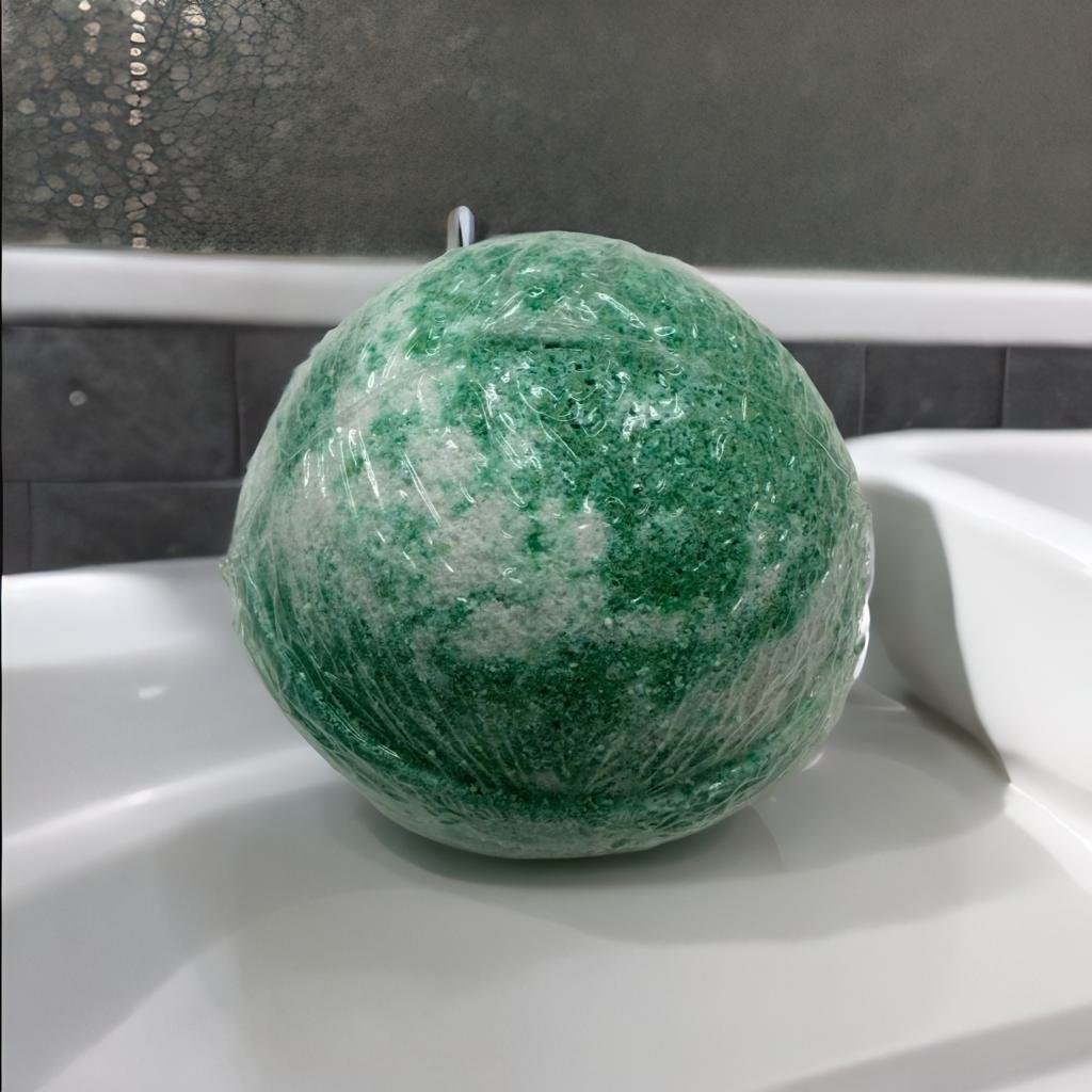 Cucumelon Bath Bomb - MG Bath Products Green and white colored bath bomb wrapped in plastic.Bath Bomb