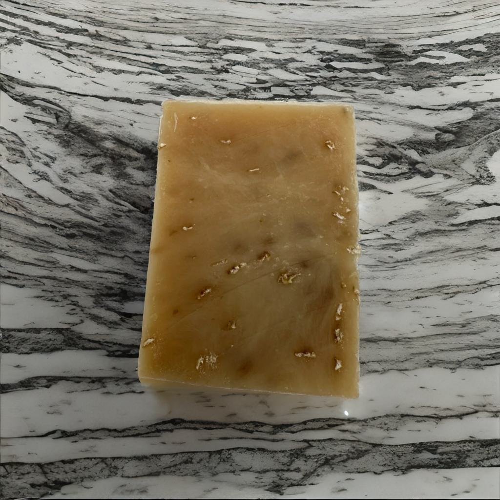 Lavender Oatmeal Goat Milk Soap Bar - MG Bath Products Light brown colored soap bar with black spots.soap bar