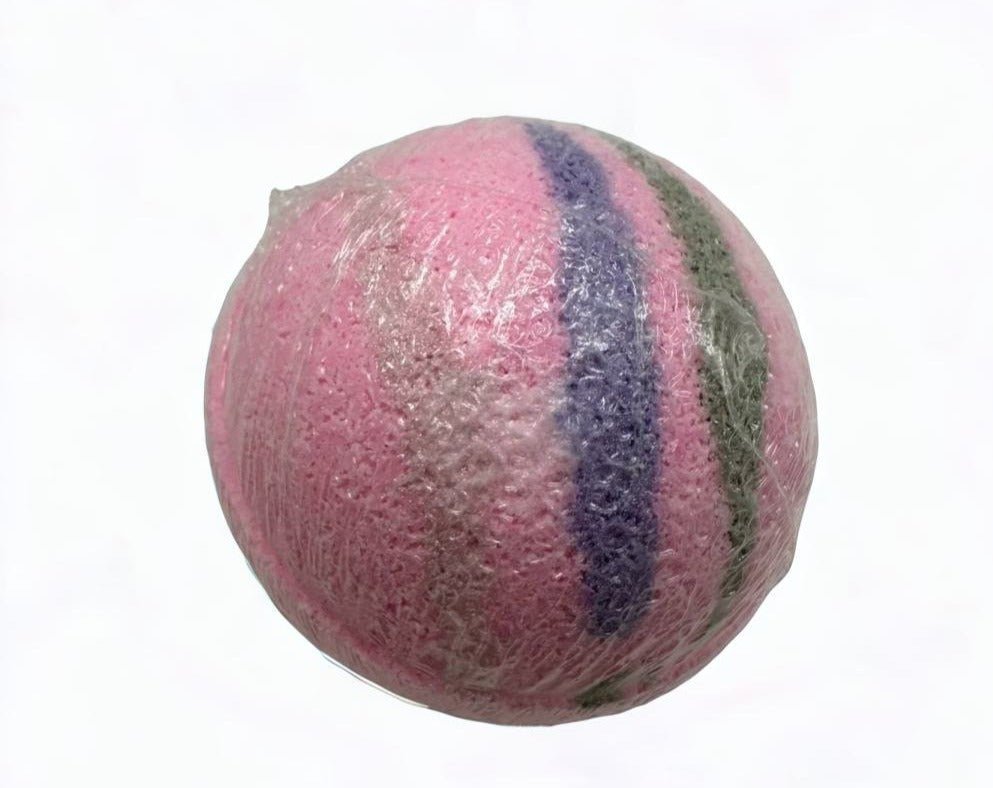 Royal Gardens Bath Bomb - MG Bath Products Pink colored bath bomb with a purple stripe and a green stripe wrapped in plastic.Bath Bomb